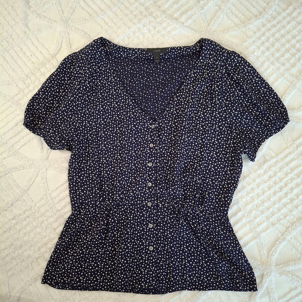 J.Crew Size 4 Star Blouse Navy Blue White V-Neck Button Up Short Sleeve Top